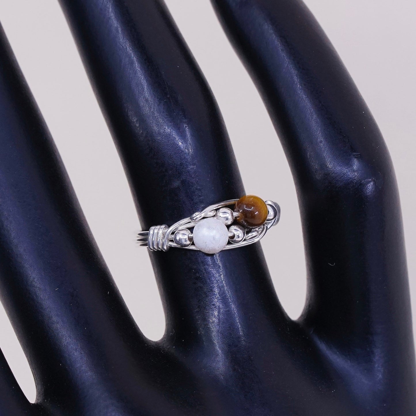 Size 5, VTG sterling 925 silver handmade wired ring w/ tiger eye N pearl bead