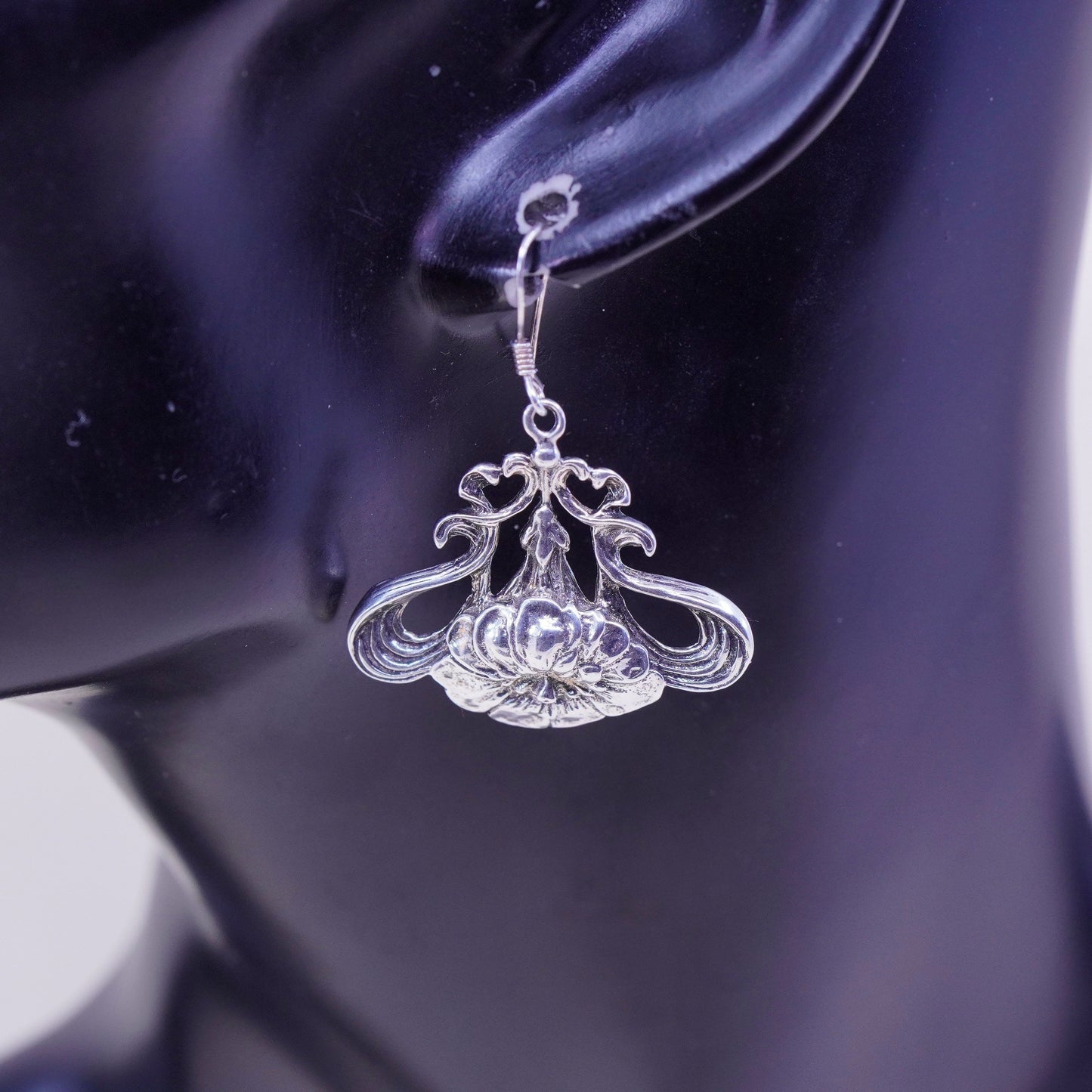 Vintage Sterling 925 silver handmade lotus flower earrings