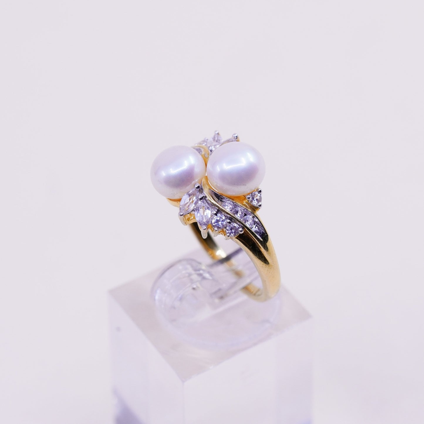 Size 7, vermeil gold filled sterling 925 silver engagement ring with pearl cz
