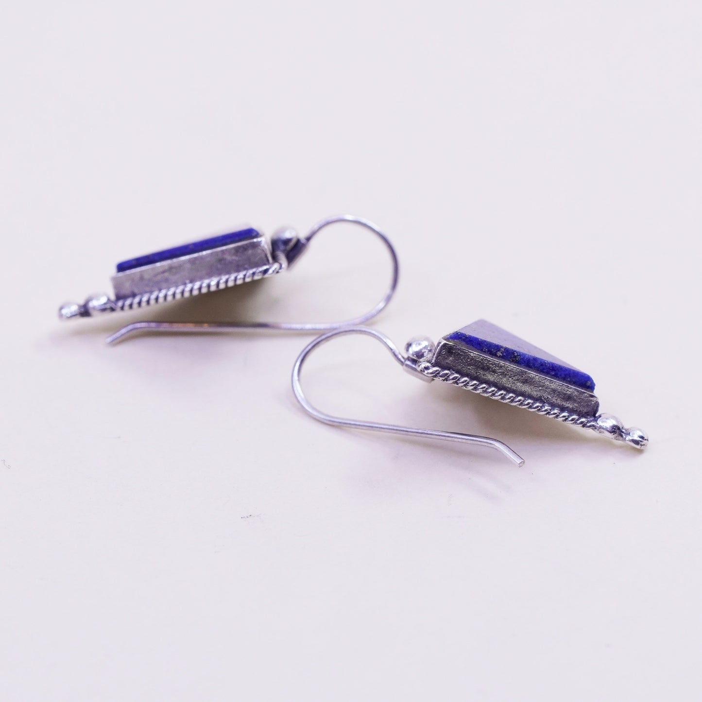 Vintage PRECIV Sterling 925 Silver Handmade earrings w/ triangular lapis lazuli