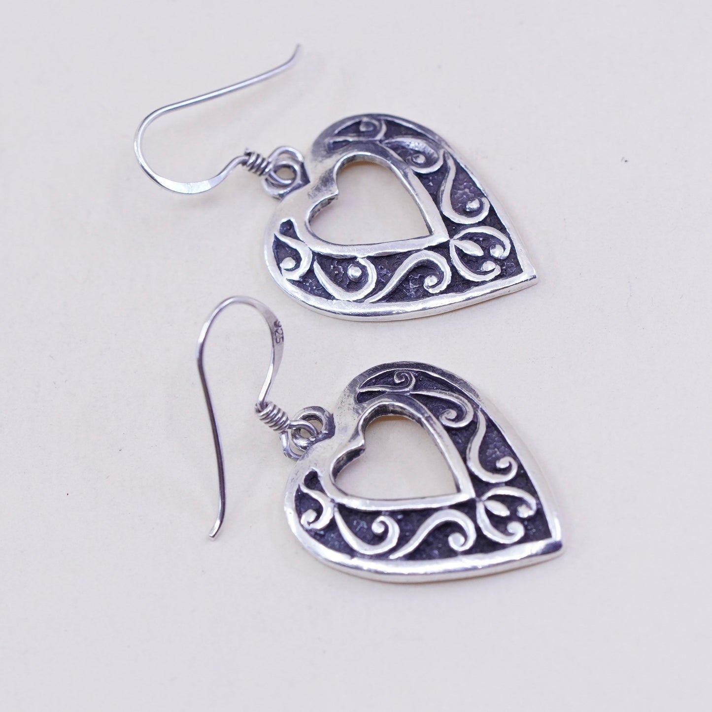 Vintage sterling silver handmade earrings, 925 heart with filigree embossed