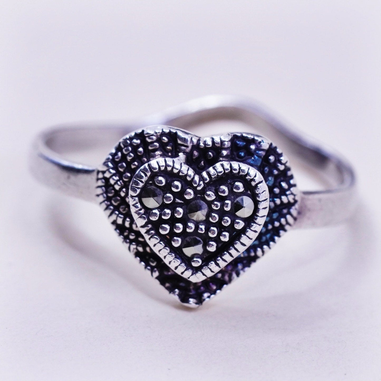 Size 8.5, vintage Sterling silver handmade ring, 925 heart with marcasite