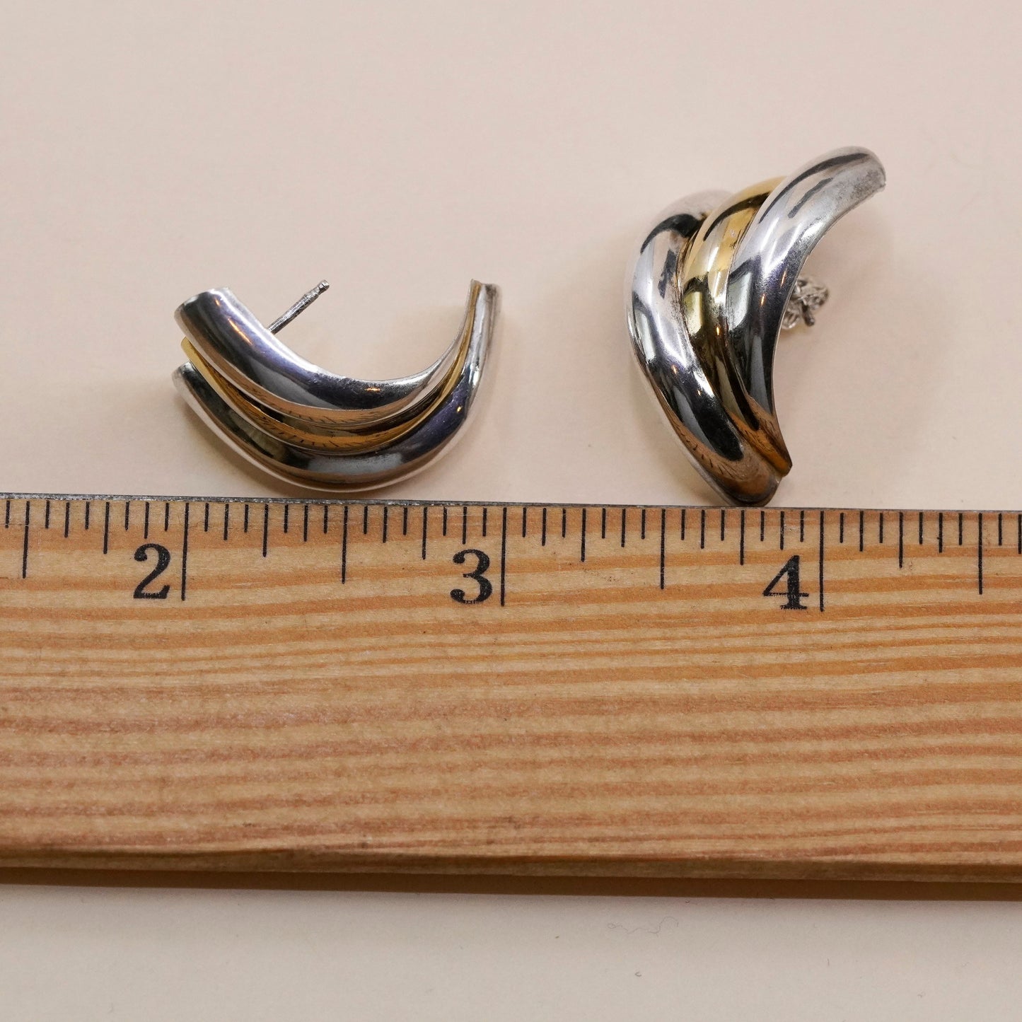 1”, vtg Italy two tone Sterling silver handmade earrings curvy 925 Huggie studs