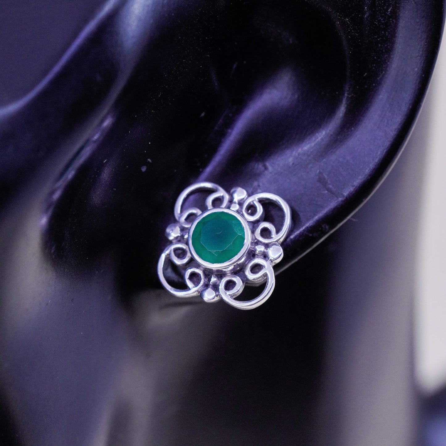 Vintage sterling 925 silver studs, minimalist earrings with emerald
