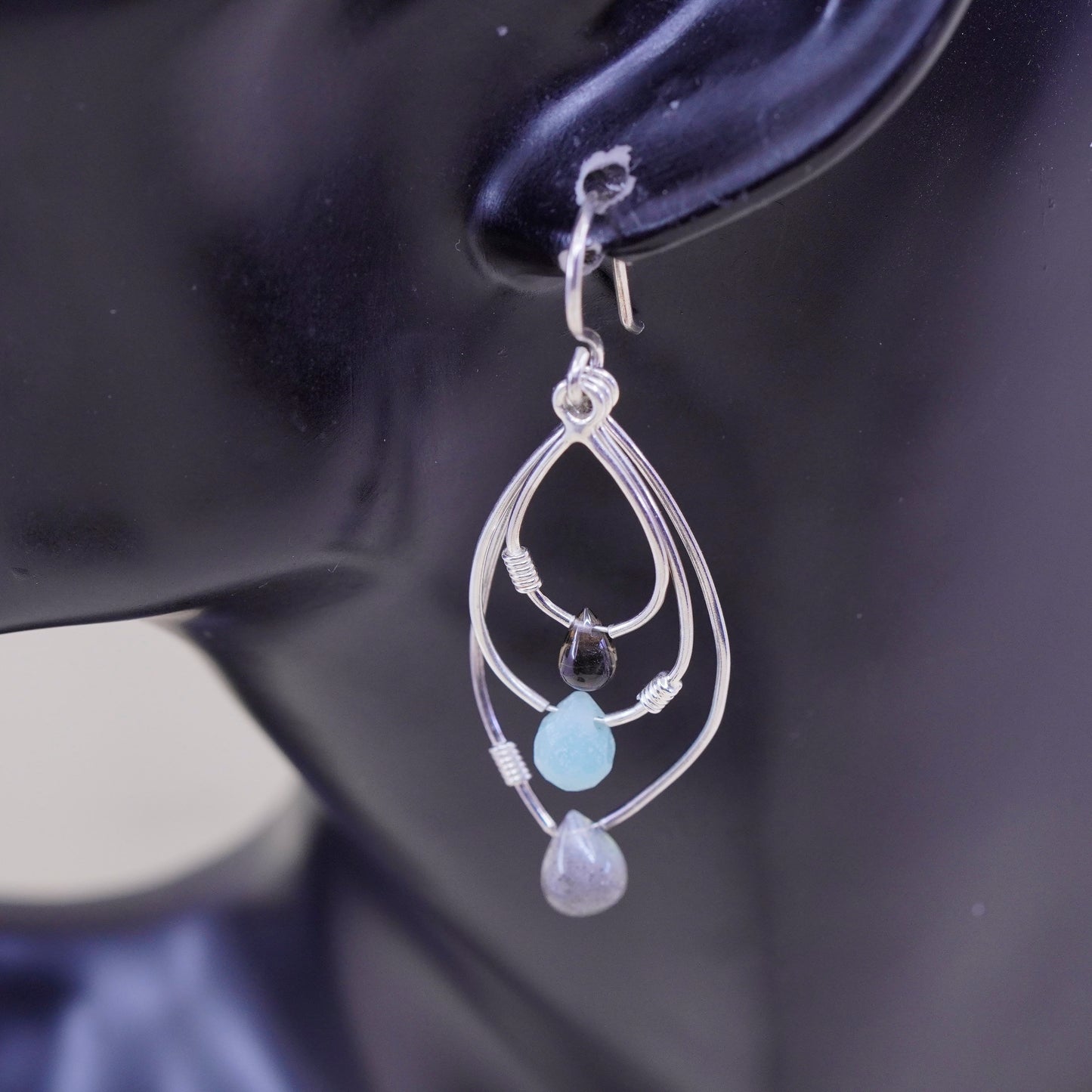 modern sterling silver earrings, 925 teardrop dangles with labradorite and jade