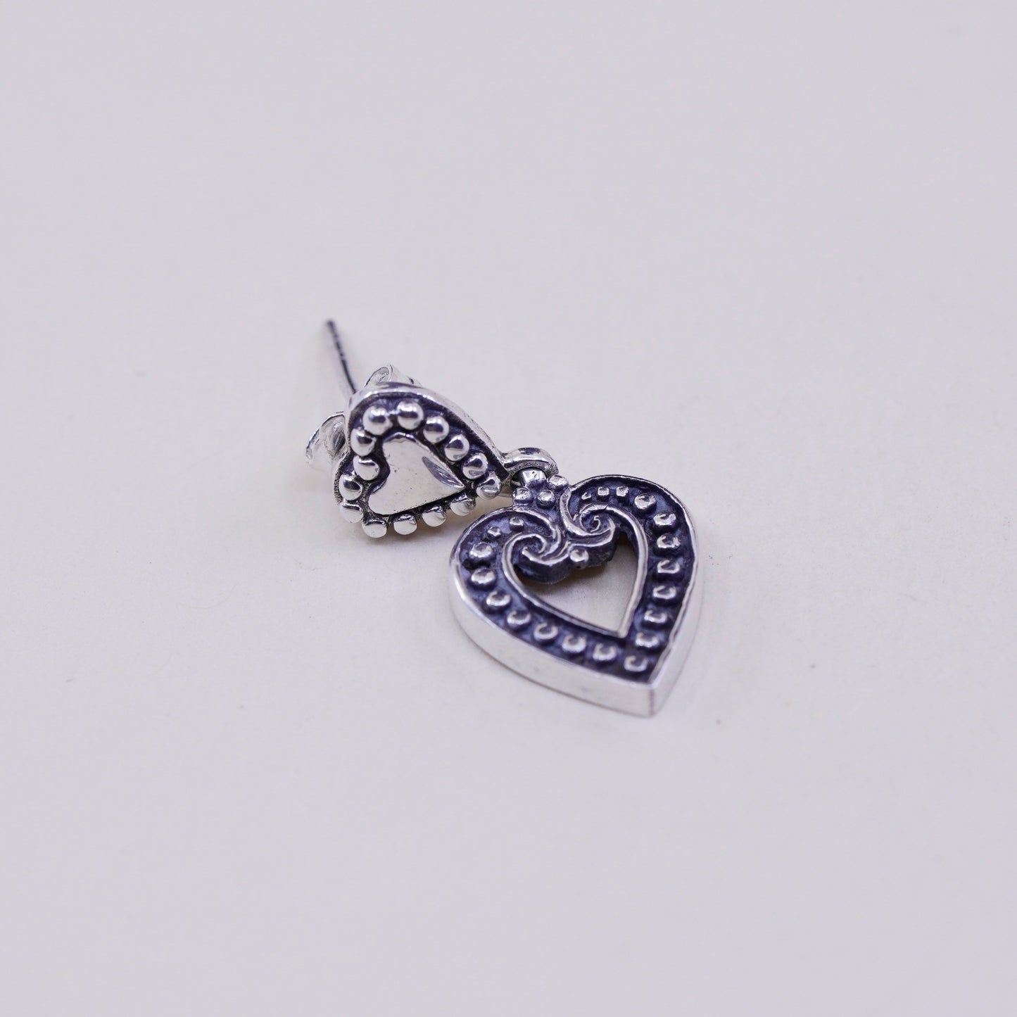 Vintage sterling silver handmade earrings, 925 heart dangles with beads