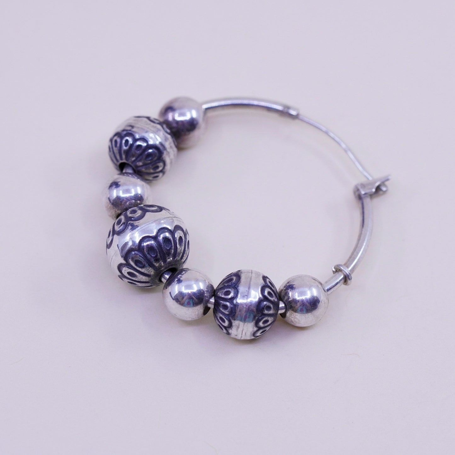 1.25”, Vintage sterling 925 silver loop handmade earrings textured beaded hoops