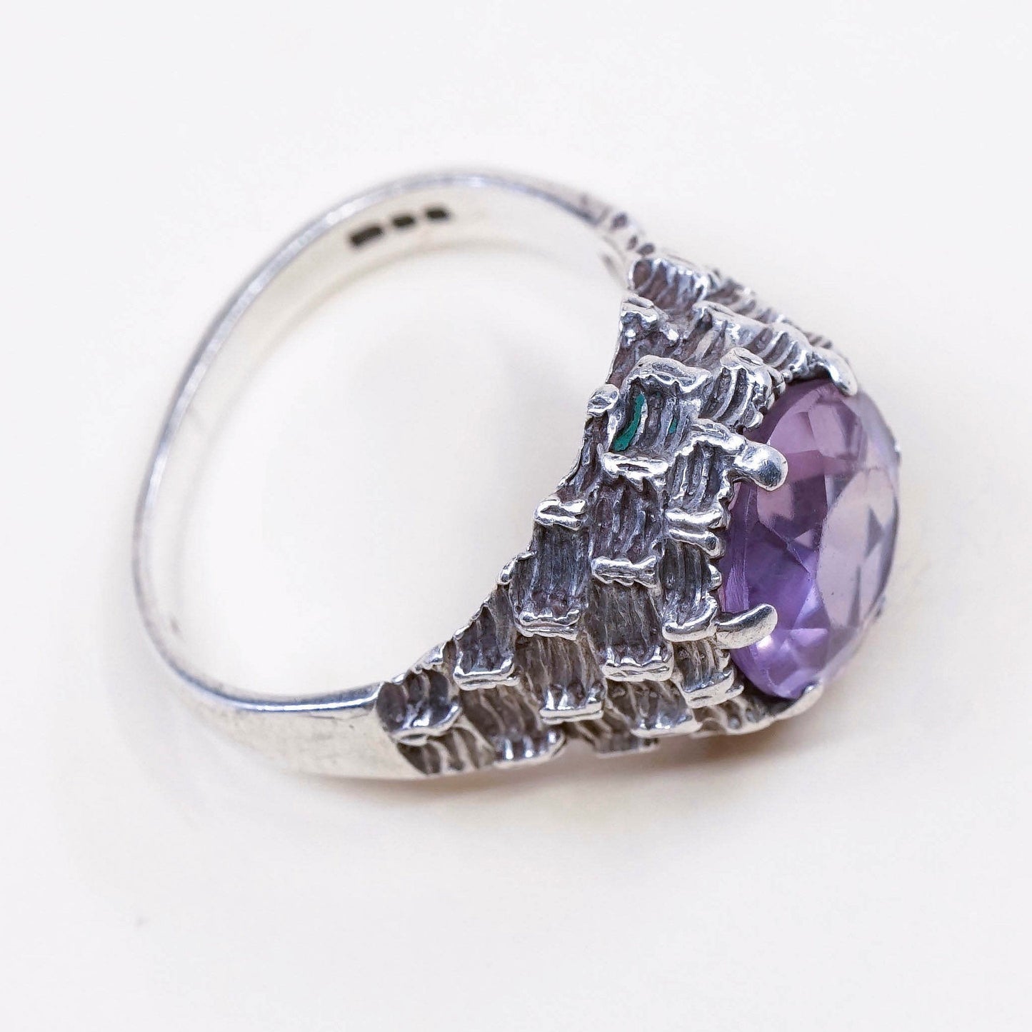 Size 6, vintage Sterling 925 silver handmade crown ring with amethyst