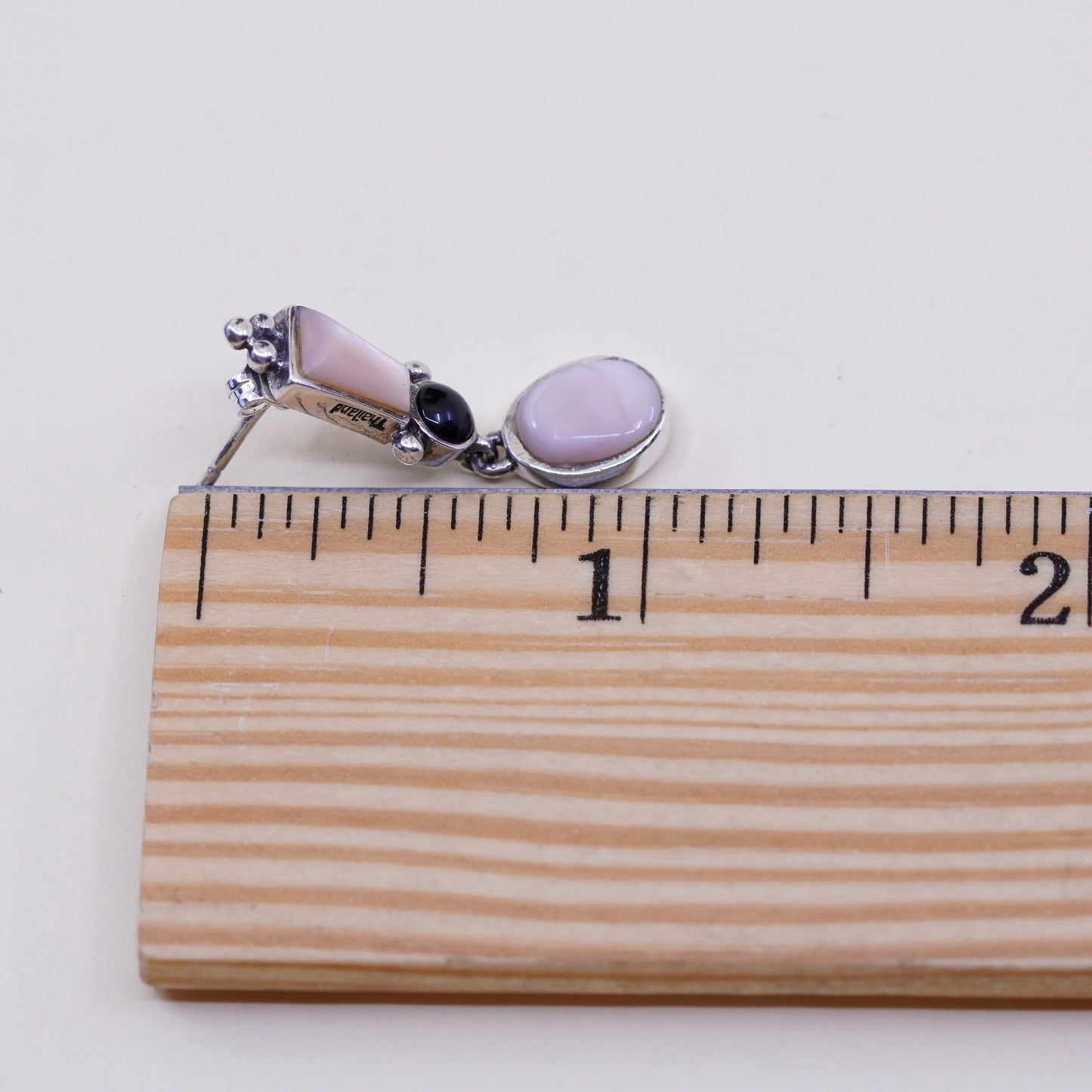 Vintage Sterling 925 silver handmade earrings with mother of pearl and obsidian