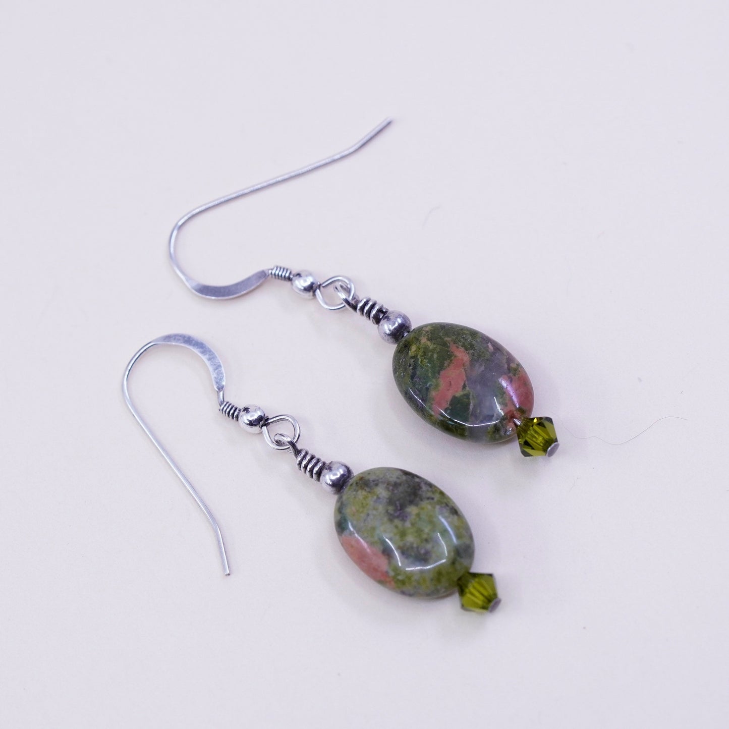 Vintage Sterling 925 silver handmade earrings with green jasper drops, stamped 925