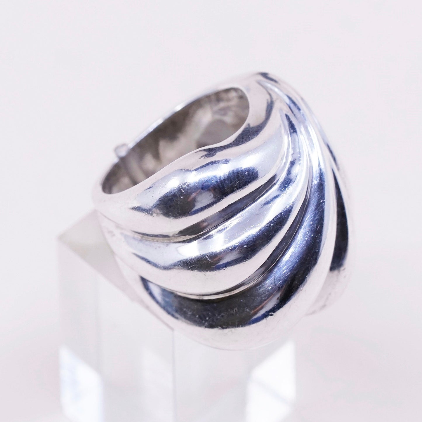 sz 6.75, vtg PE sterling silver handmade ribbed ring, Mexico 925 ribbed band