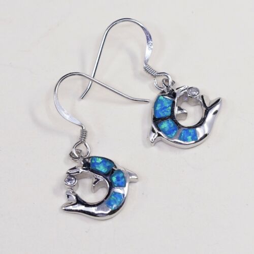 Vintage Sterling 925 Silver Handmade Dolphin dangle earrings W/ Opal Inlay