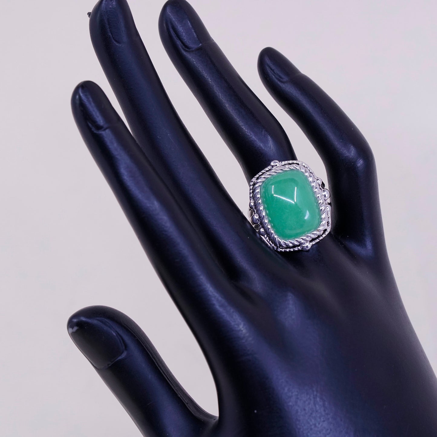 Size 7.25, Vintage sterling silver handmade ring, ring with jade and cable