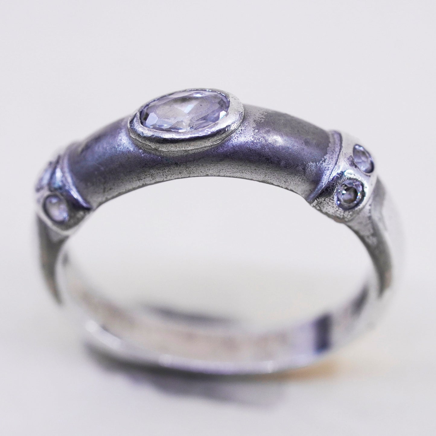 Size 6.25, vintage Sterling 925 silver statement ring, band with oval CZ,