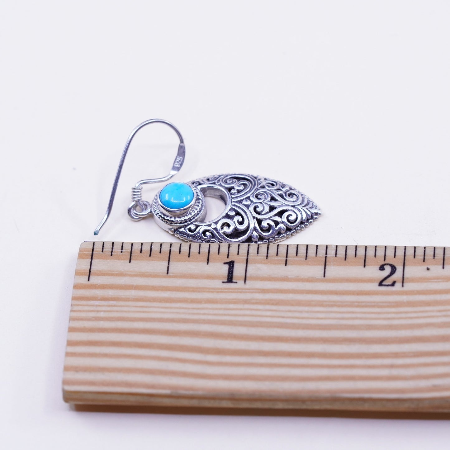 Vintage Sterling 925 silver handmade marquise earrings with turquoise filigree