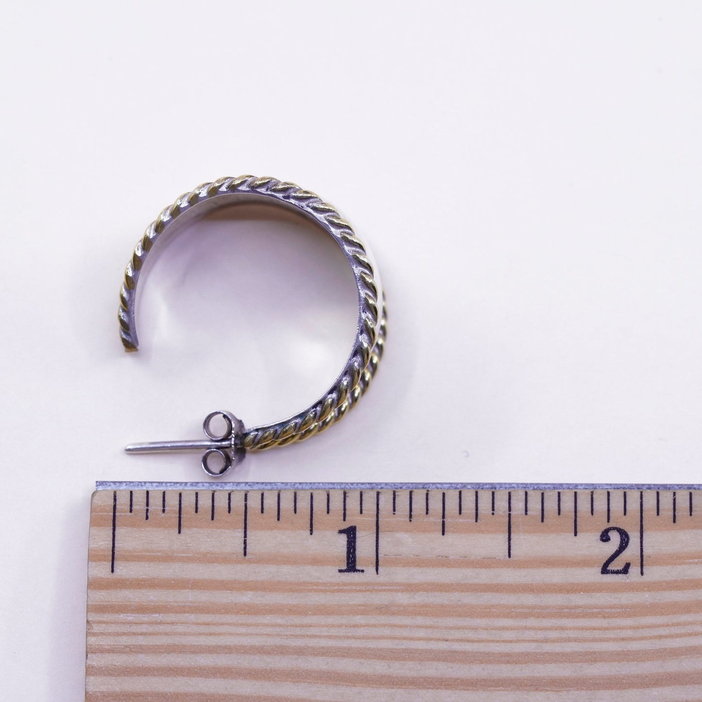 1”, two tone Sterling silver handmade earrings, 925 Huggie hoops brass cable