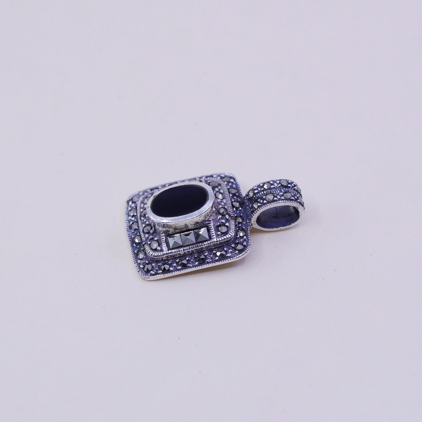 Vintage sterling 925 silver handmade pendant, obsidian with marcasite pendant