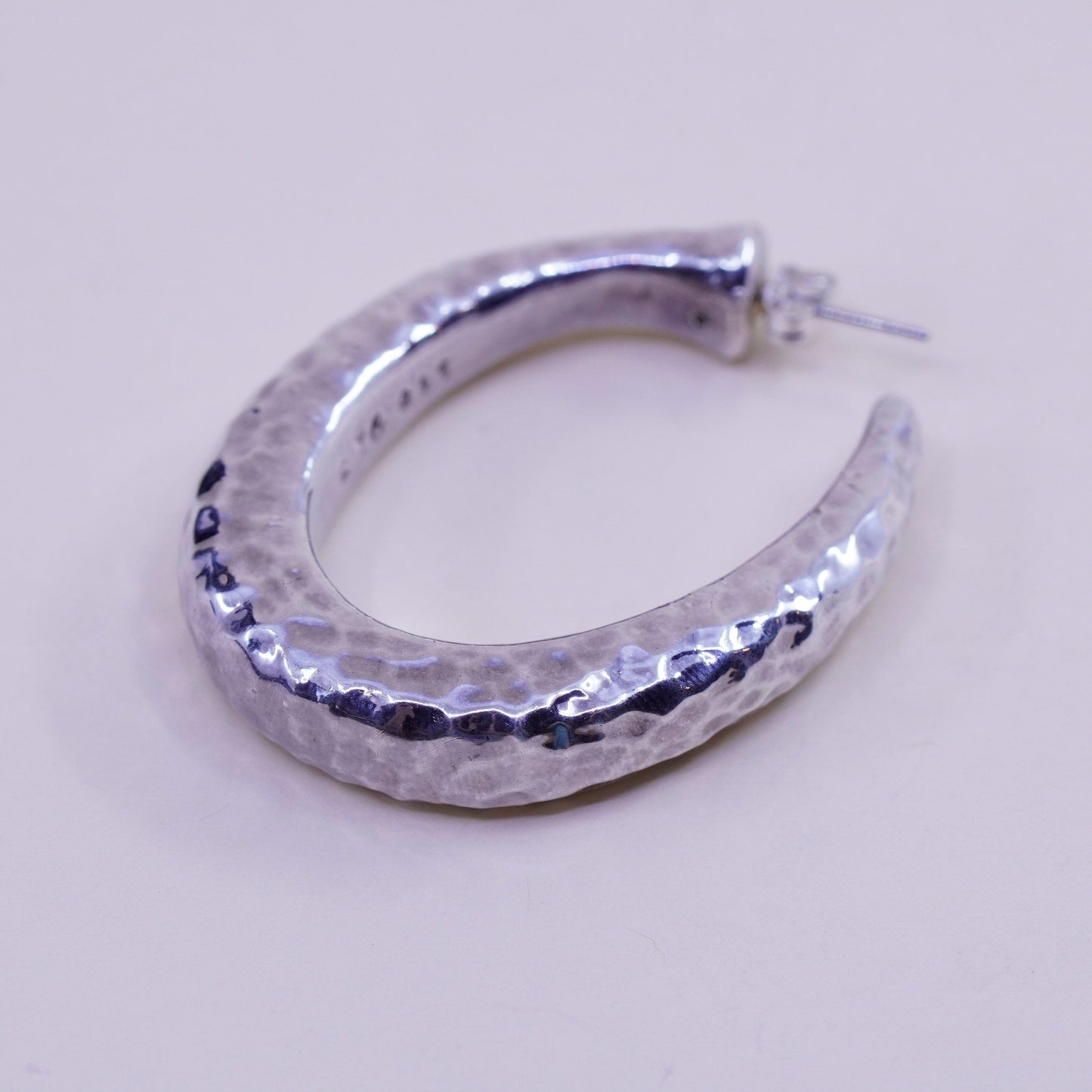 1.75” Vintage sterling 925 silver earrings, textured hammered primitive hoops