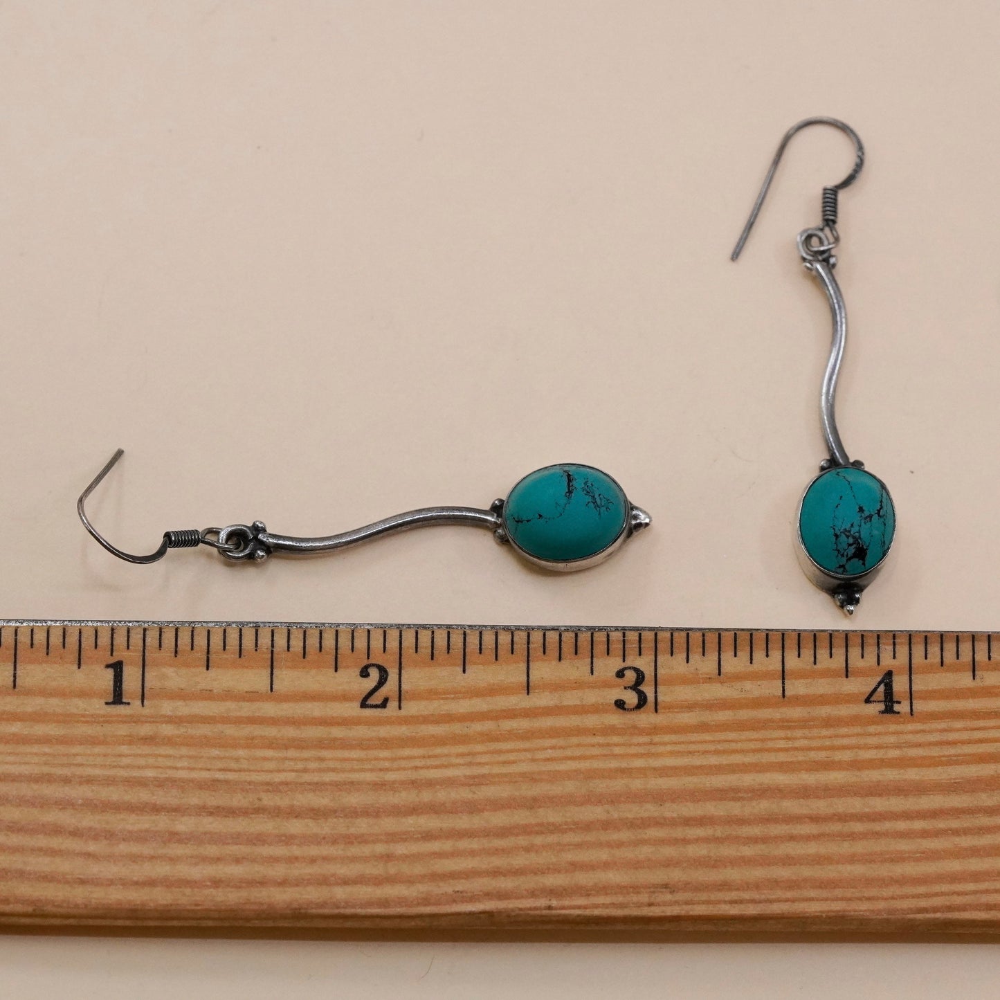 Vintage Sterling silver handmade earrings, 925 wavy drops with turquoise