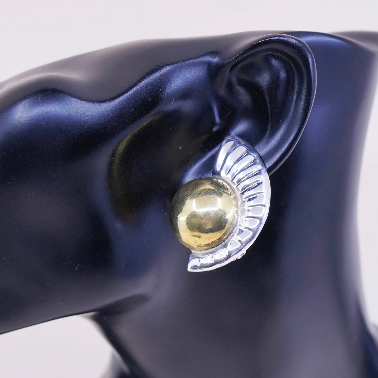 two tone Sterling silver w/ brass ribbed earrings, taxco 925 wavy clip on