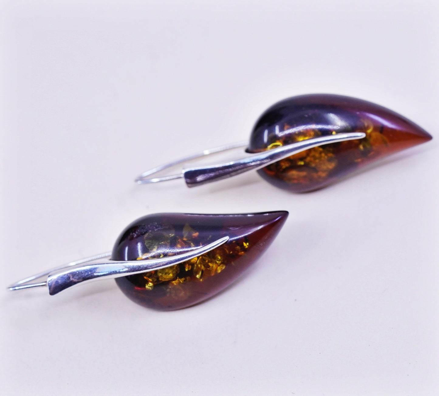 Vintage sterling 925 silver handmade Amber earrings, leaf with honey Amber