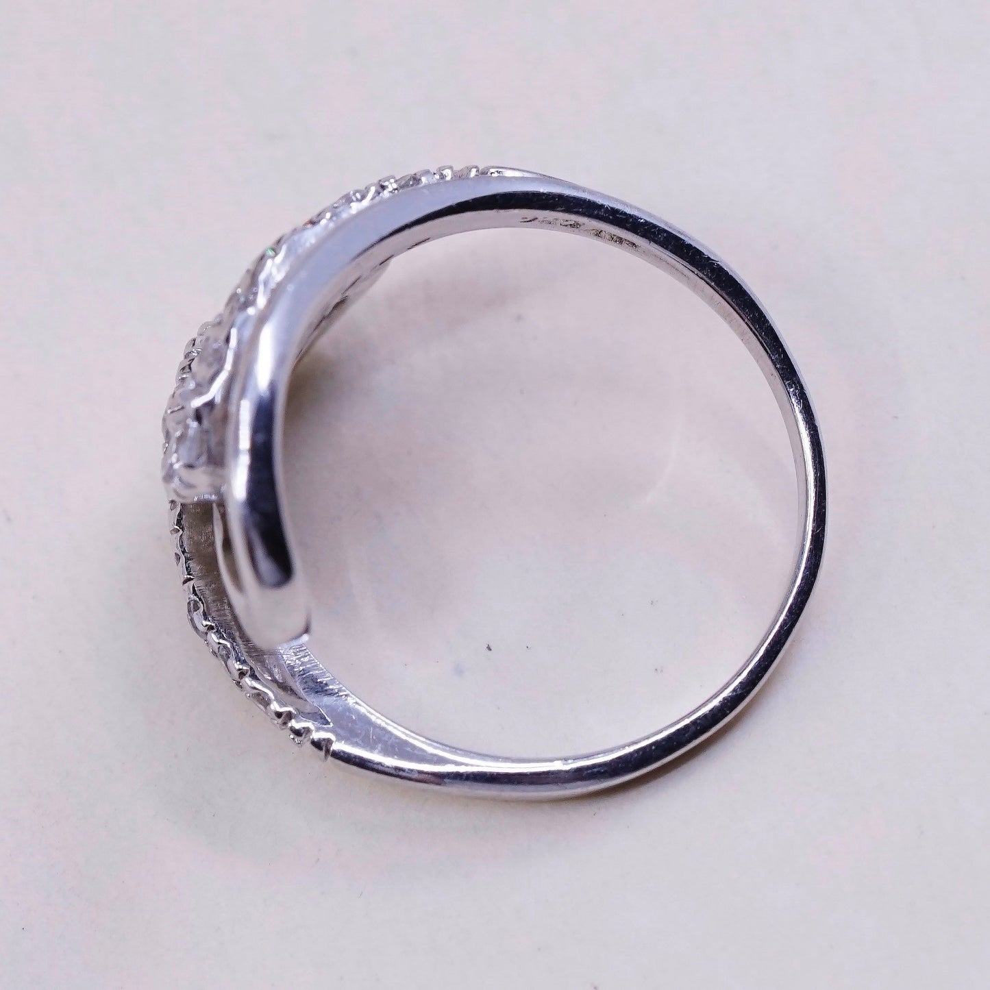 Size 7.25, Vintage sterling silver handmade wavy ring, engagement ring with cz