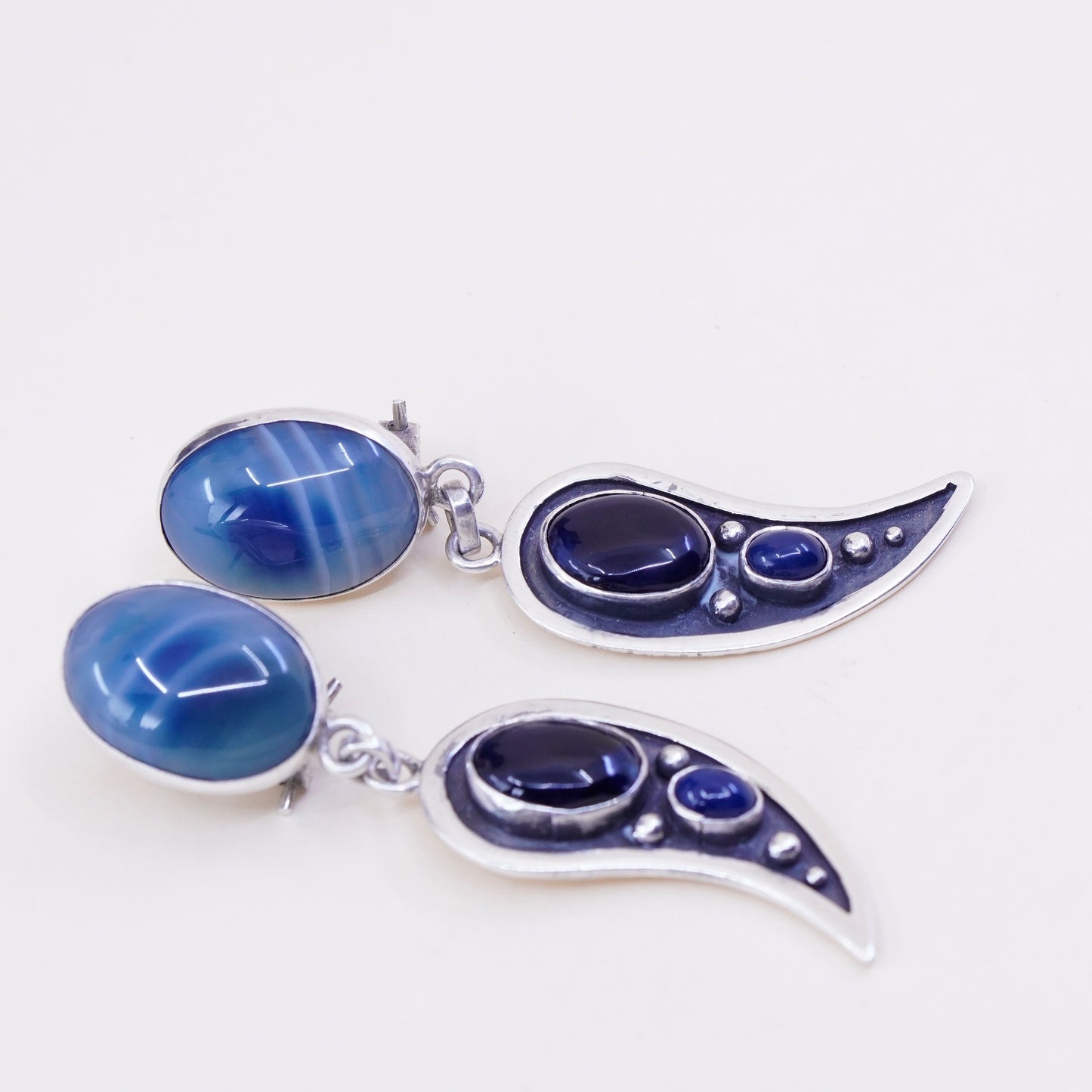 Vintage Sterling 925 silver handmade earrings with blue agate N obsidian lapis