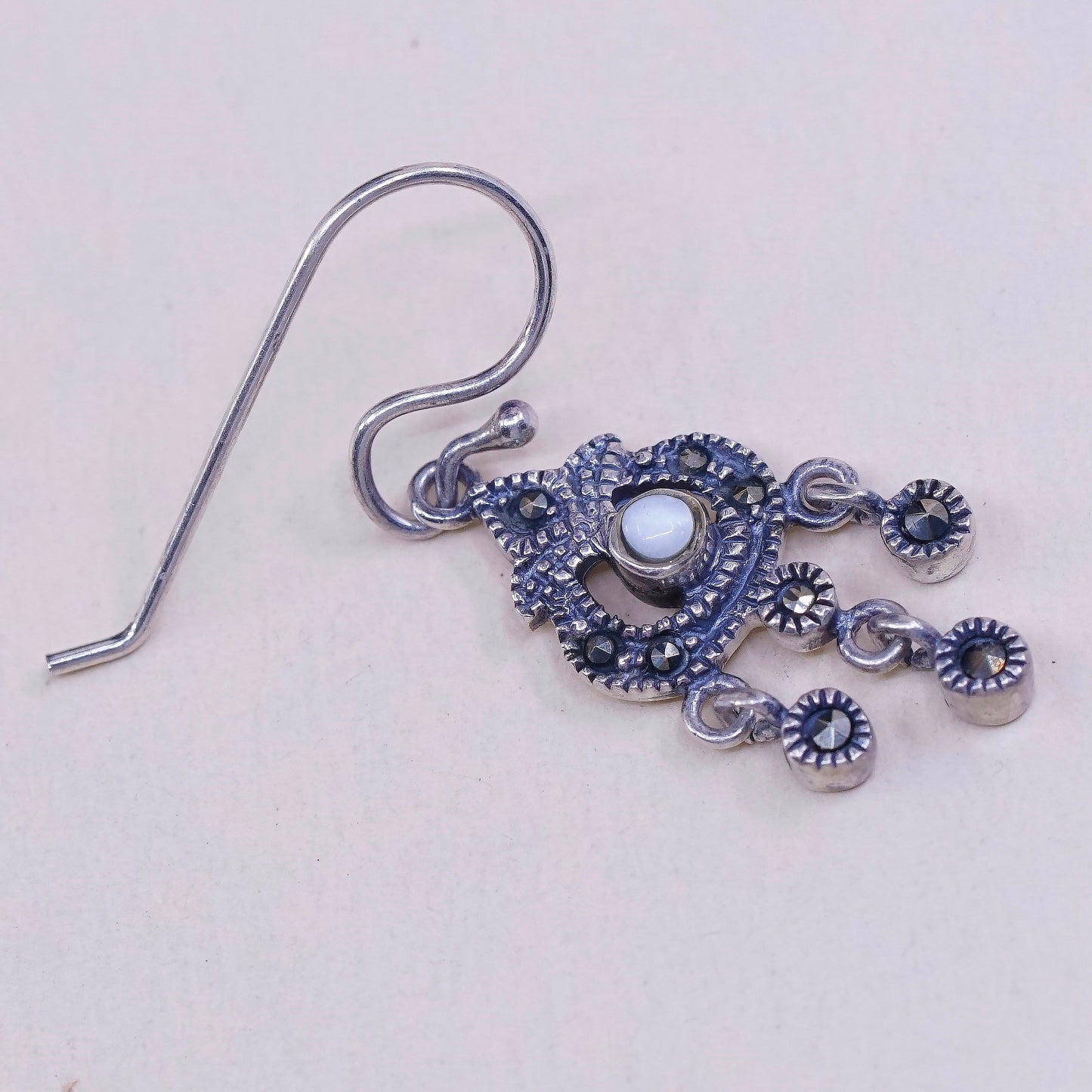 vtg Sterling silver handmade earrings, 925 drops w/ mother of pearl N marcasite