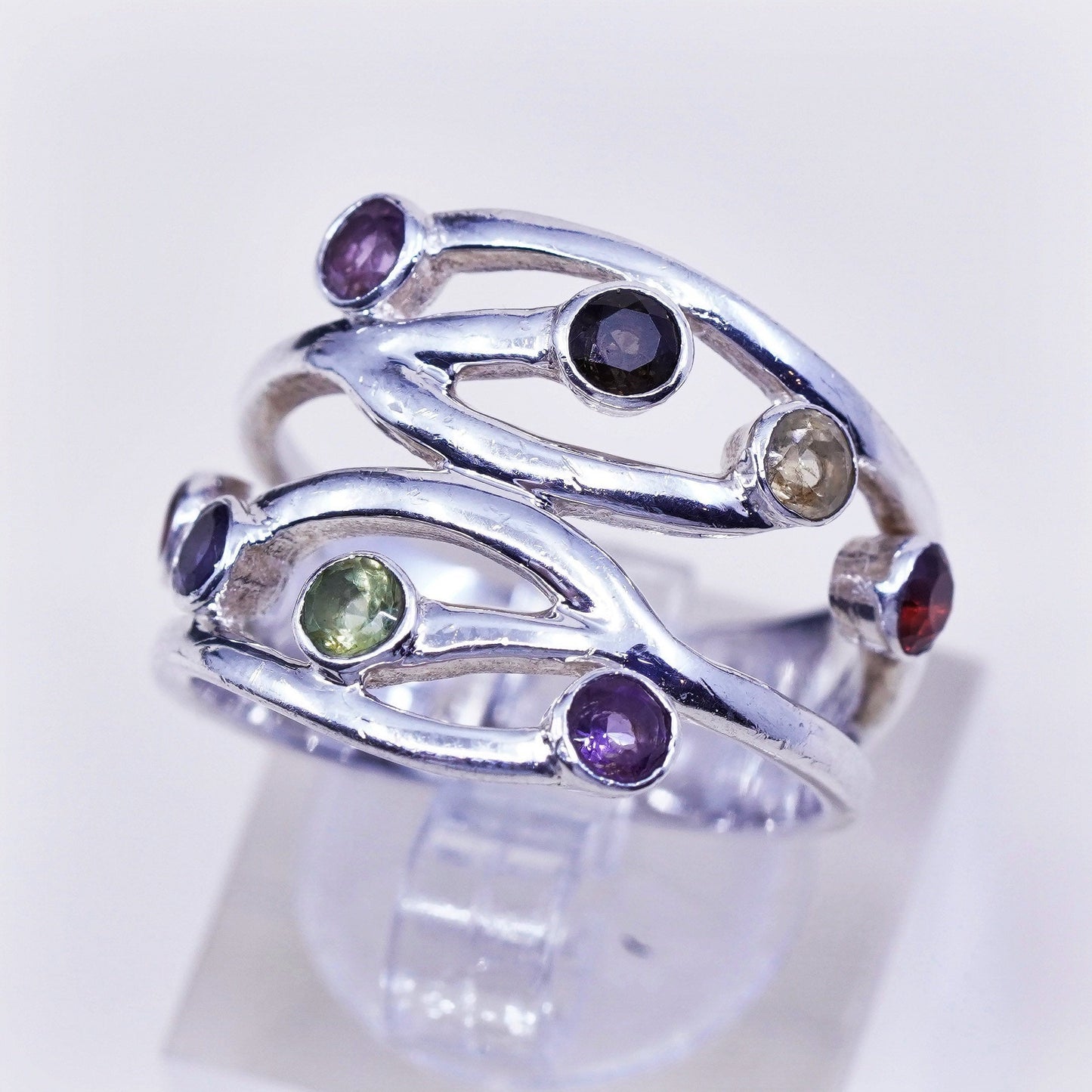 Size 8, AHM sterling 925 silver handmade wavy ring topaz, citrine, peridot ruby