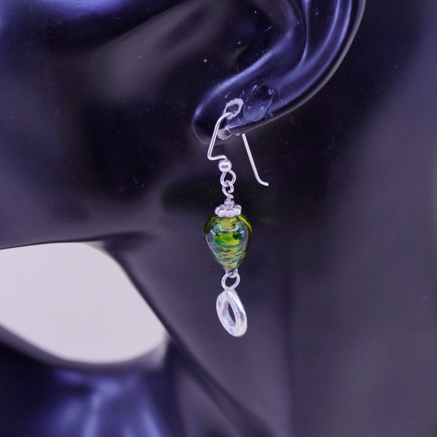 Vintage Sterling 925 silver handmade earrings with green teardrop glass dangles