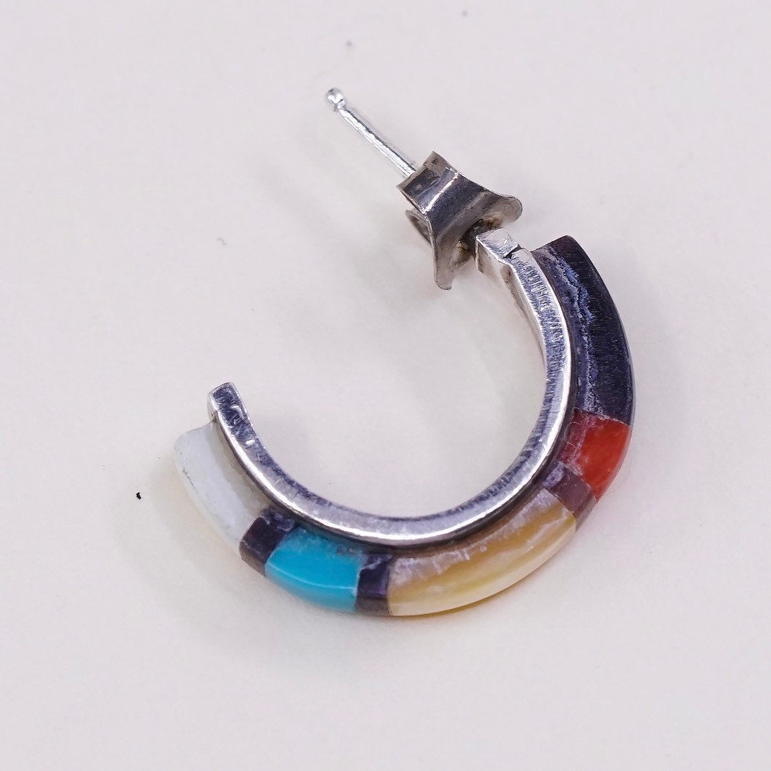 Native American Sterling 925 silver handmade earrings, Hoops with zuni studs