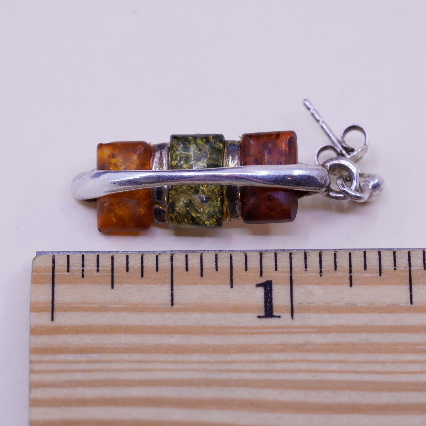 Vintage Sterling silver handmade earrings, 925 rectangular dangles with amber