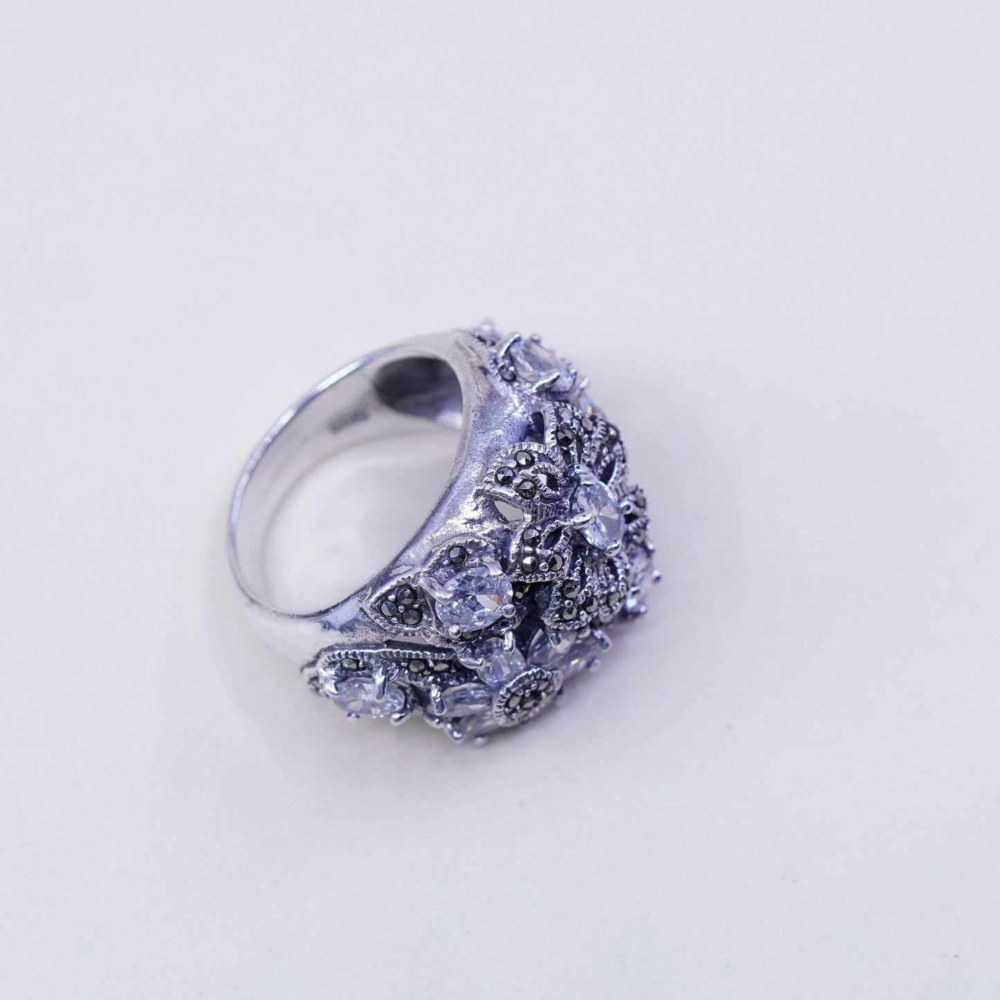 sz 7.75, Vintage sterling 925 silver statement ring w/ crystal Marcasite flower