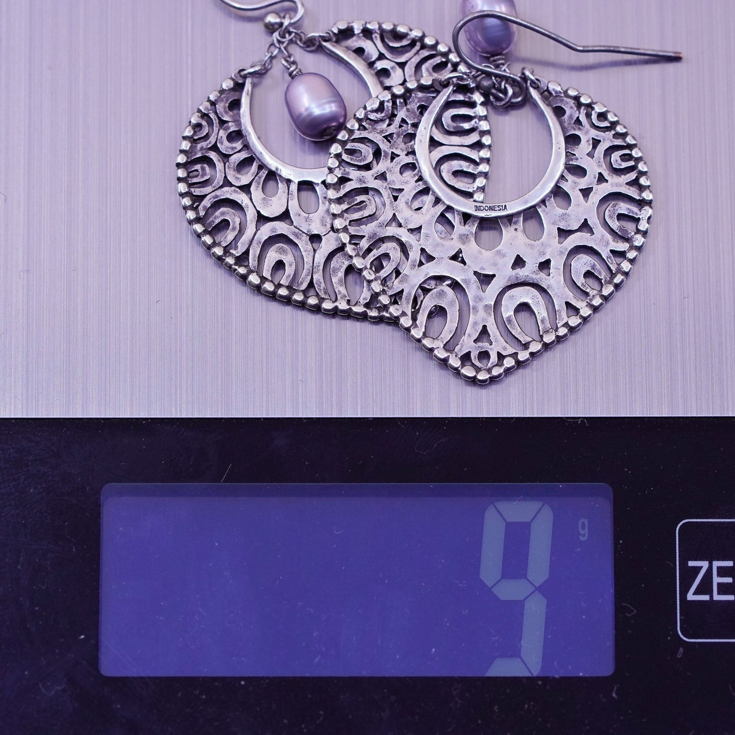 Indonesia Sterling silver handmade earrings, 925 filigree teardrop pearl beads