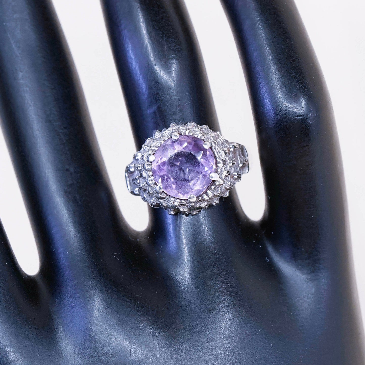 Size 6, vintage Sterling 925 silver handmade crown ring with amethyst