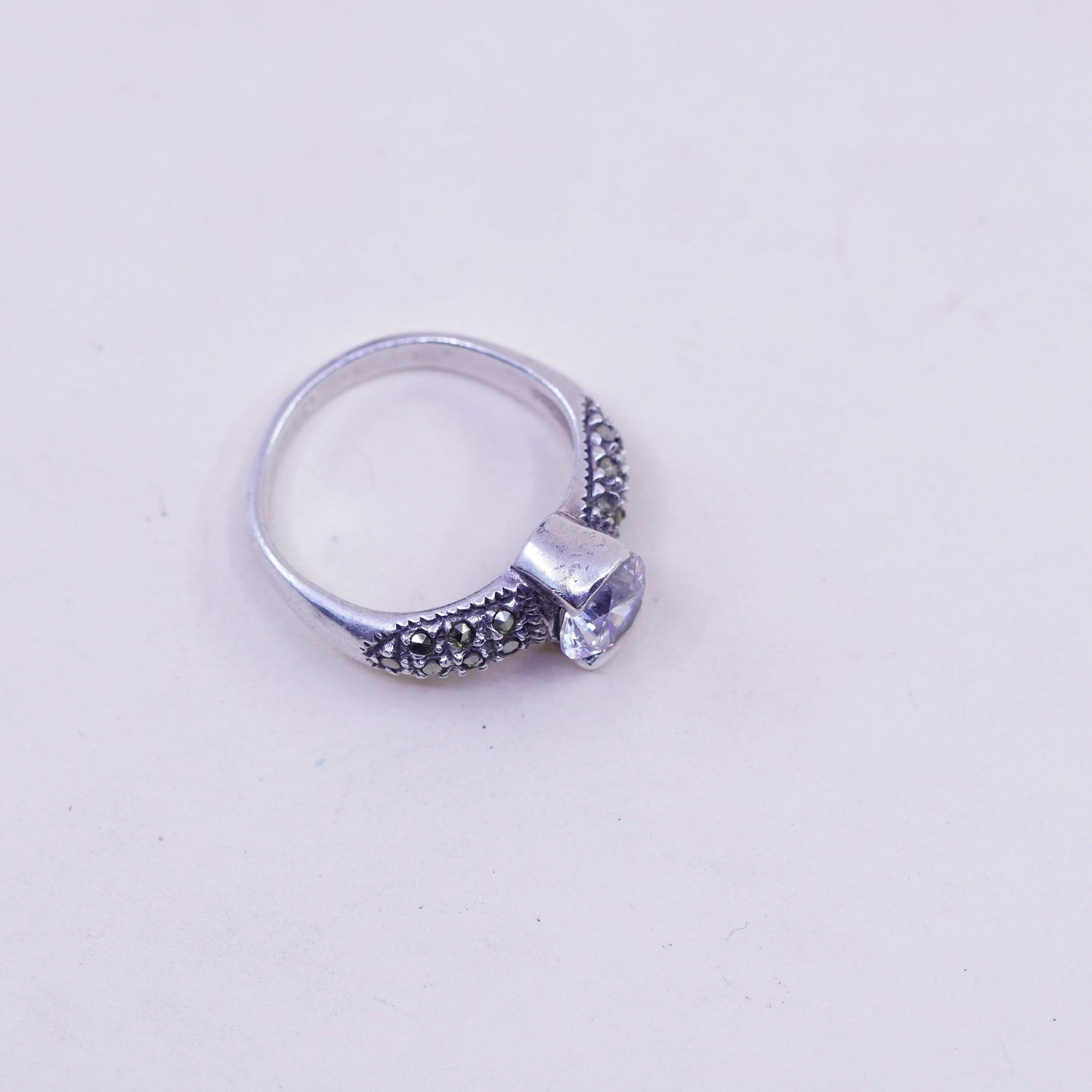 Size 7.5, Sterling silver handmade ring, 925 with CZ and marcasite