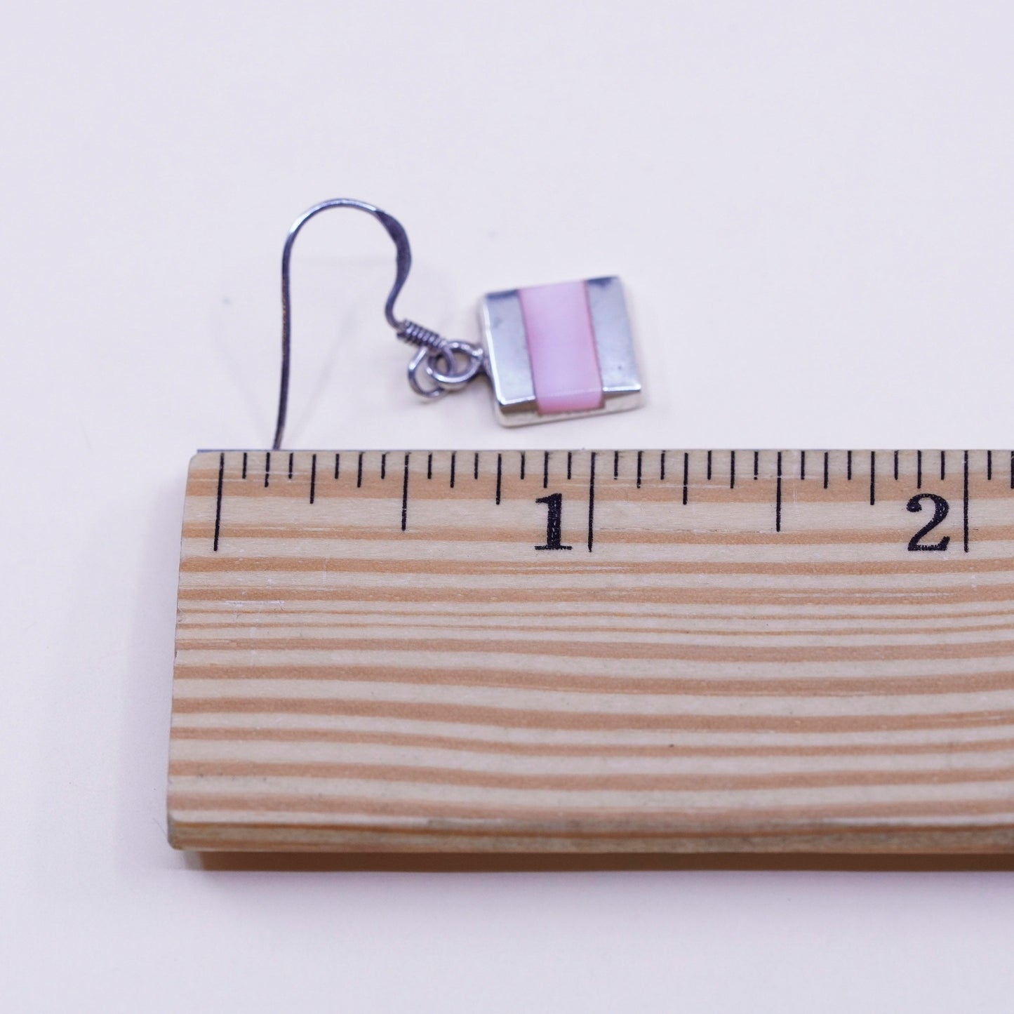 Vintage sterling 925 silver handmade earrings with square pink mother of pearl