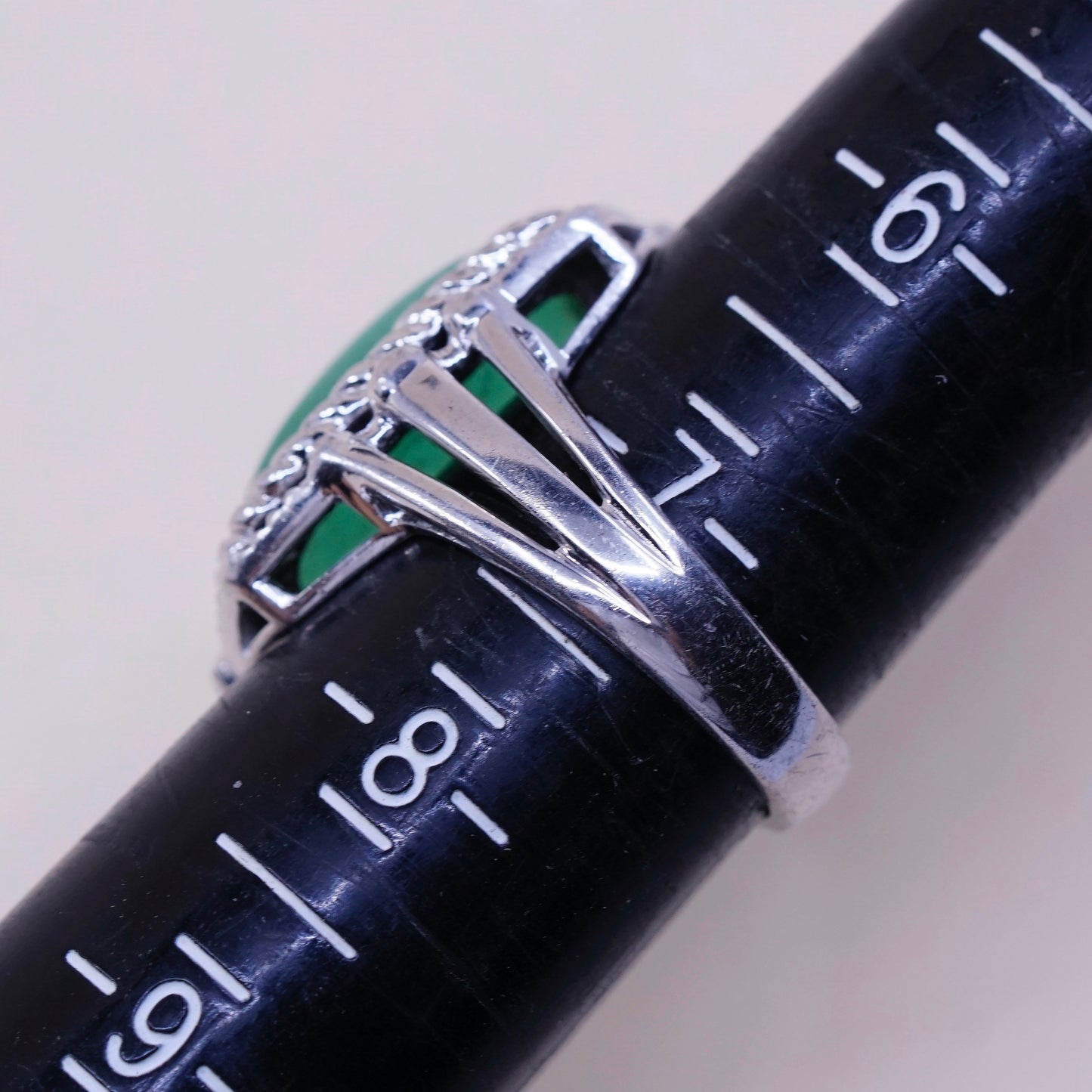 Size 7.25, Vintage sterling silver handmade ring, ring with jade and cable