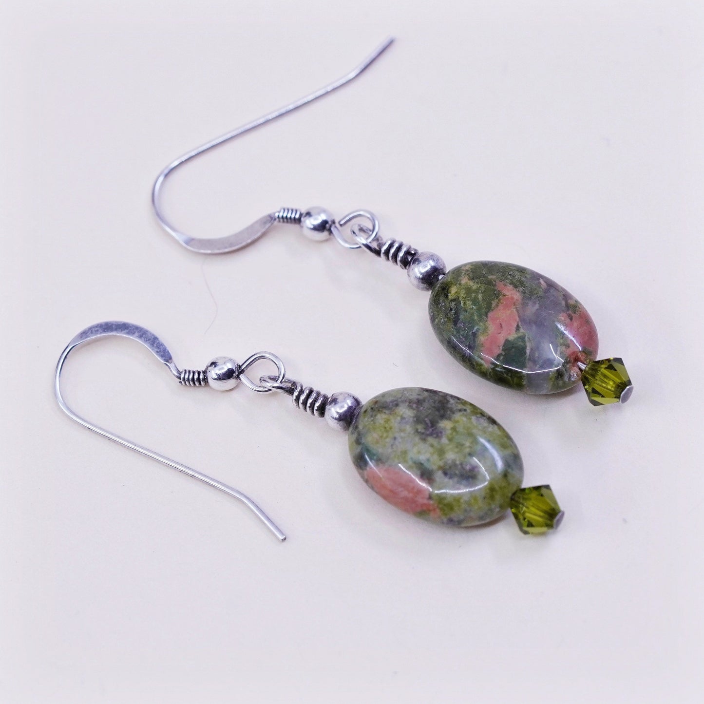 Vintage Sterling 925 silver handmade earrings with green jasper drops, stamped 925