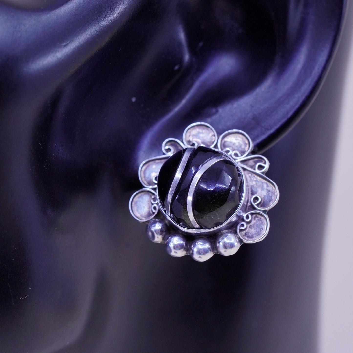 Vintage sterling 925 silver handmade screw back earrings with obsidian inlay