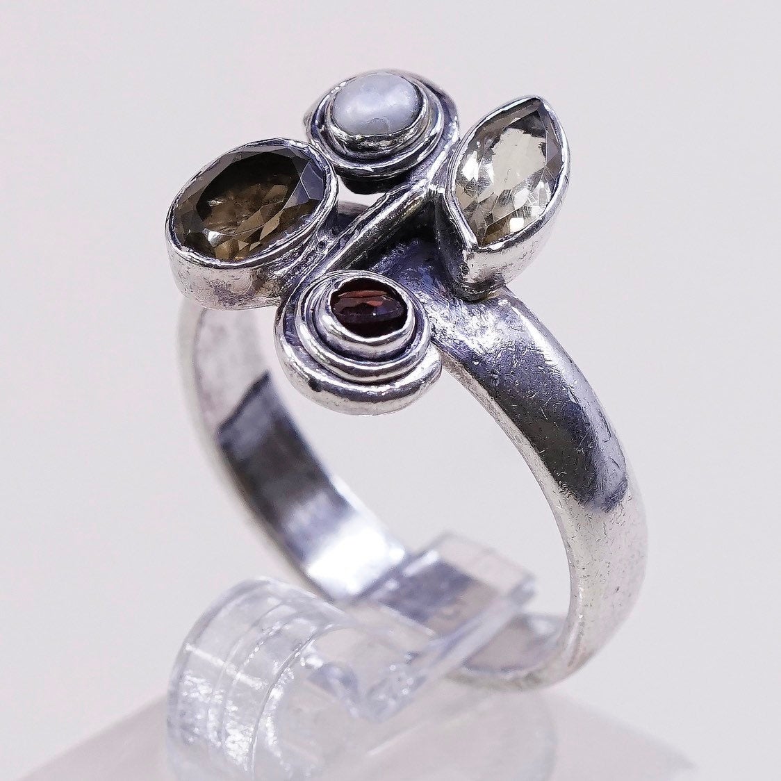 sz 8.5, vtg sterling silver handmade ring, 925 ring w/ topaz, citrine, pearl