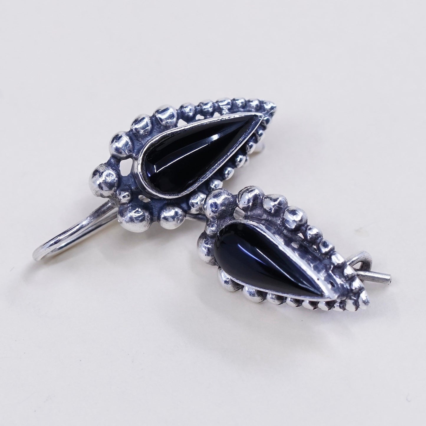 Vintage Sterling silver handmade earrings, 925 teardrop obsidian with beads