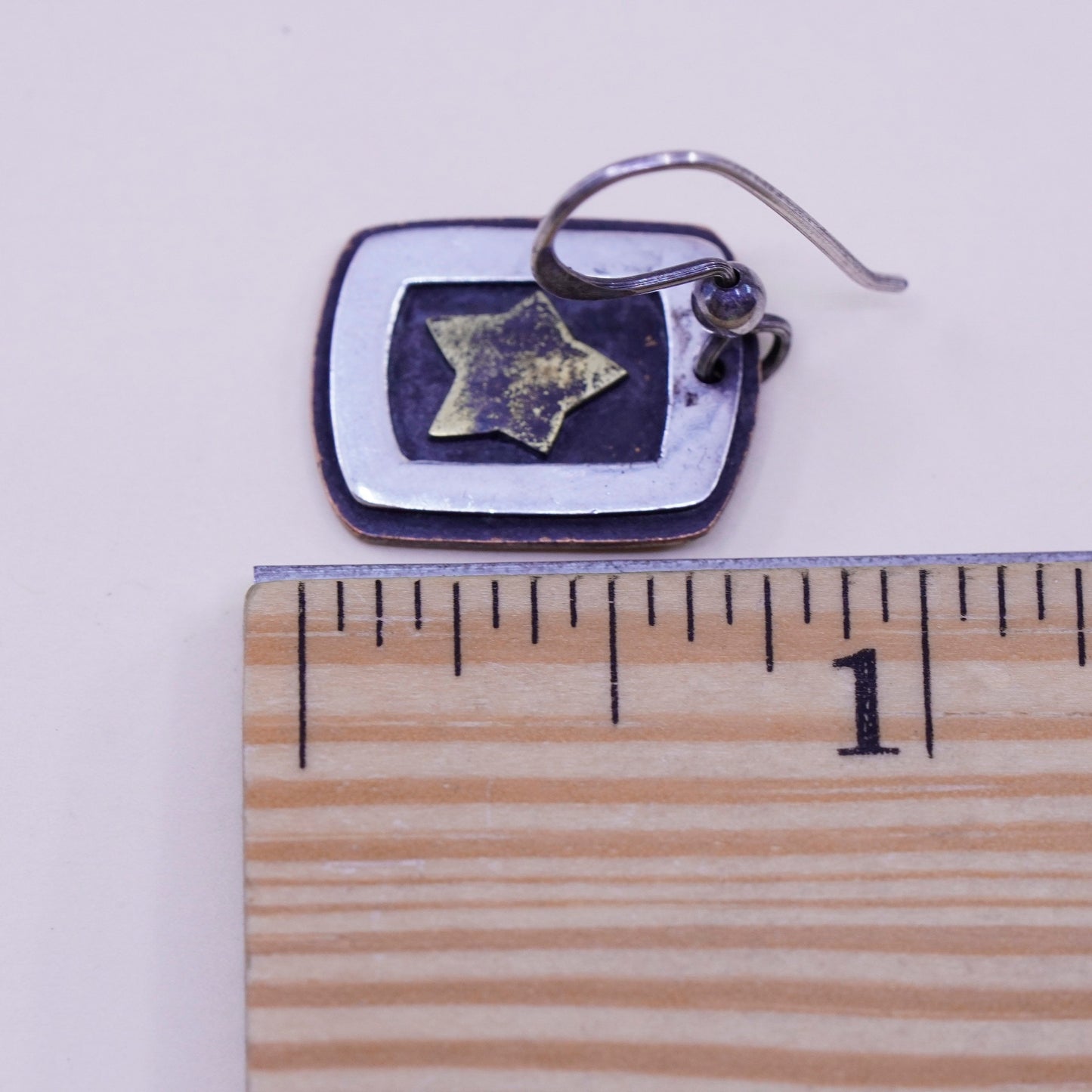 Vintage sterling silver handmade earrings, 925 tag with brass star