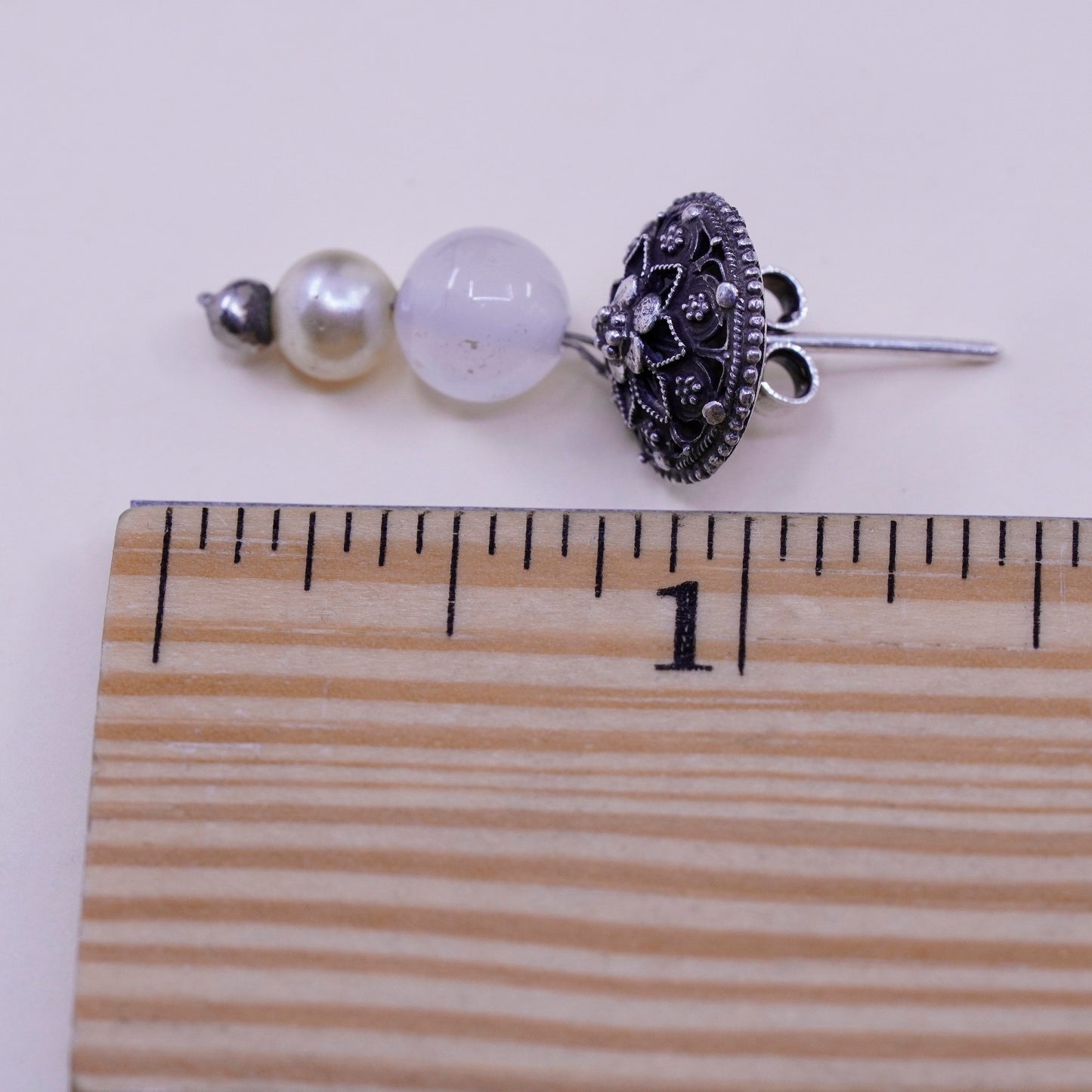 Vintage Sterling silver handmade earrings, 925 filigree studs with quartz