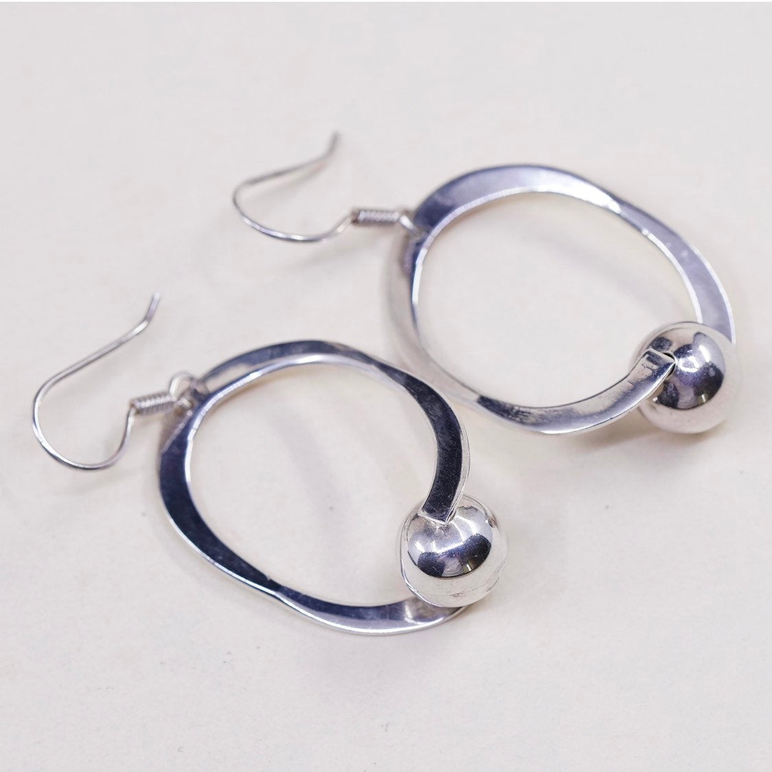 vtg mexico sterling silver handmade earrings, 925 loops w/ bead Dangles