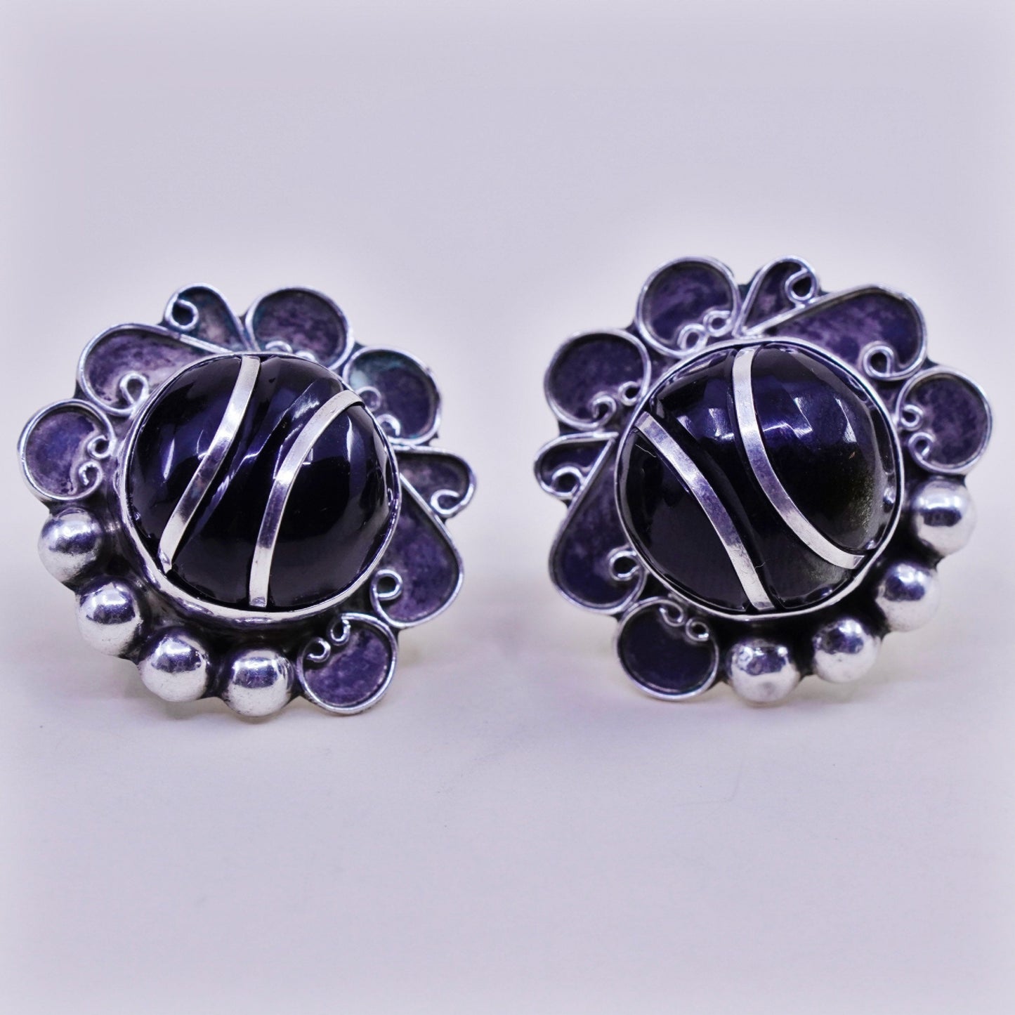 Vintage sterling 925 silver handmade screw back earrings with obsidian inlay
