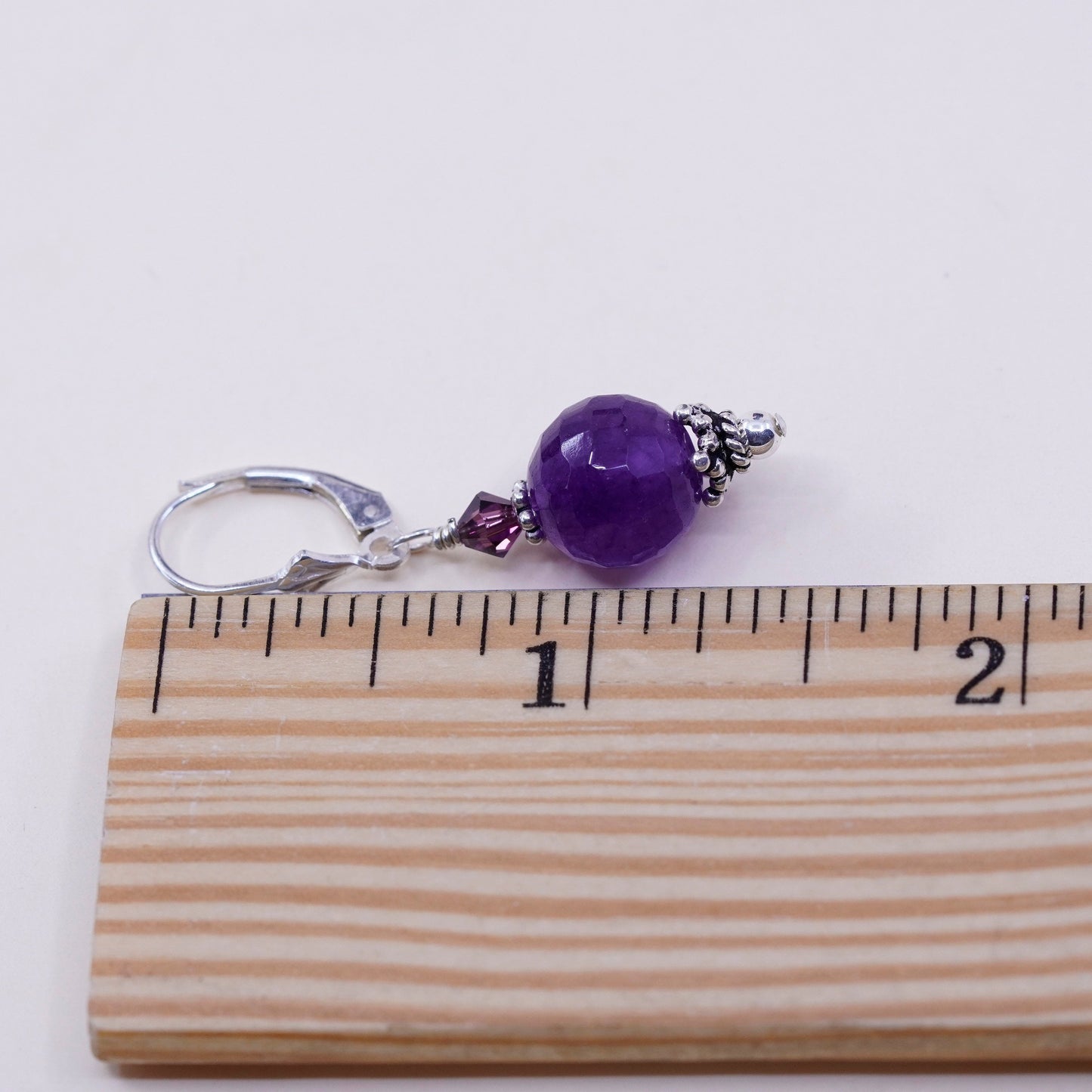 Vintage sterling silver handmade earrings, 925 twisted drop with amethyst bead, stamped 925