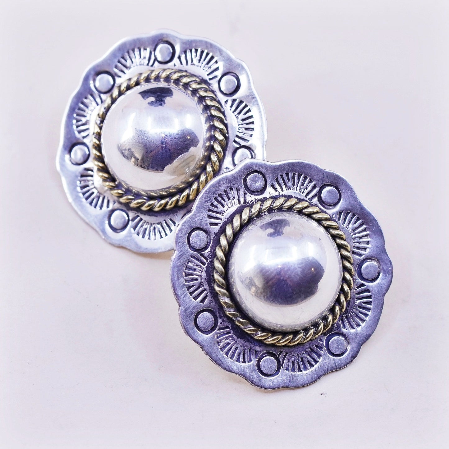 Vintage Mexico Sterling silver handmade earrings, 925 flower studs brass cable