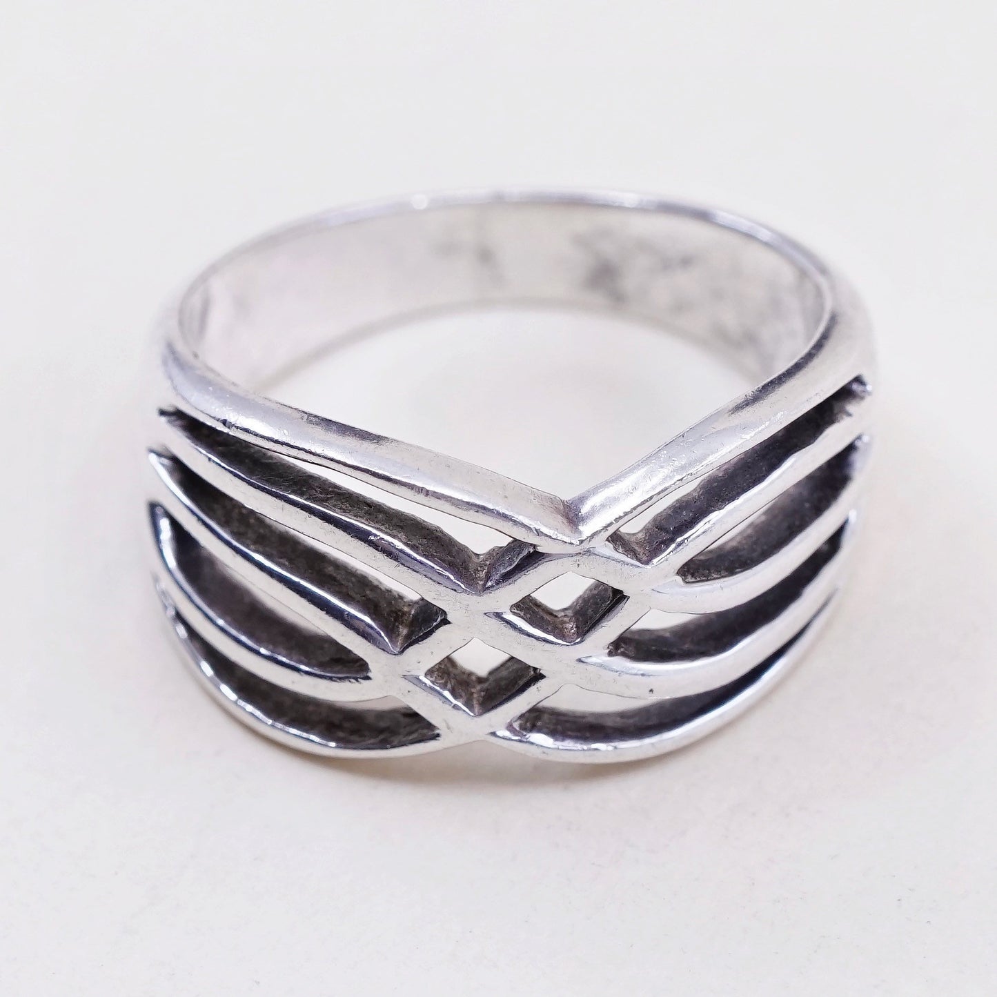 sz 7, vtg sterling silver handmade entwined ring, 925 band minimalist modernist