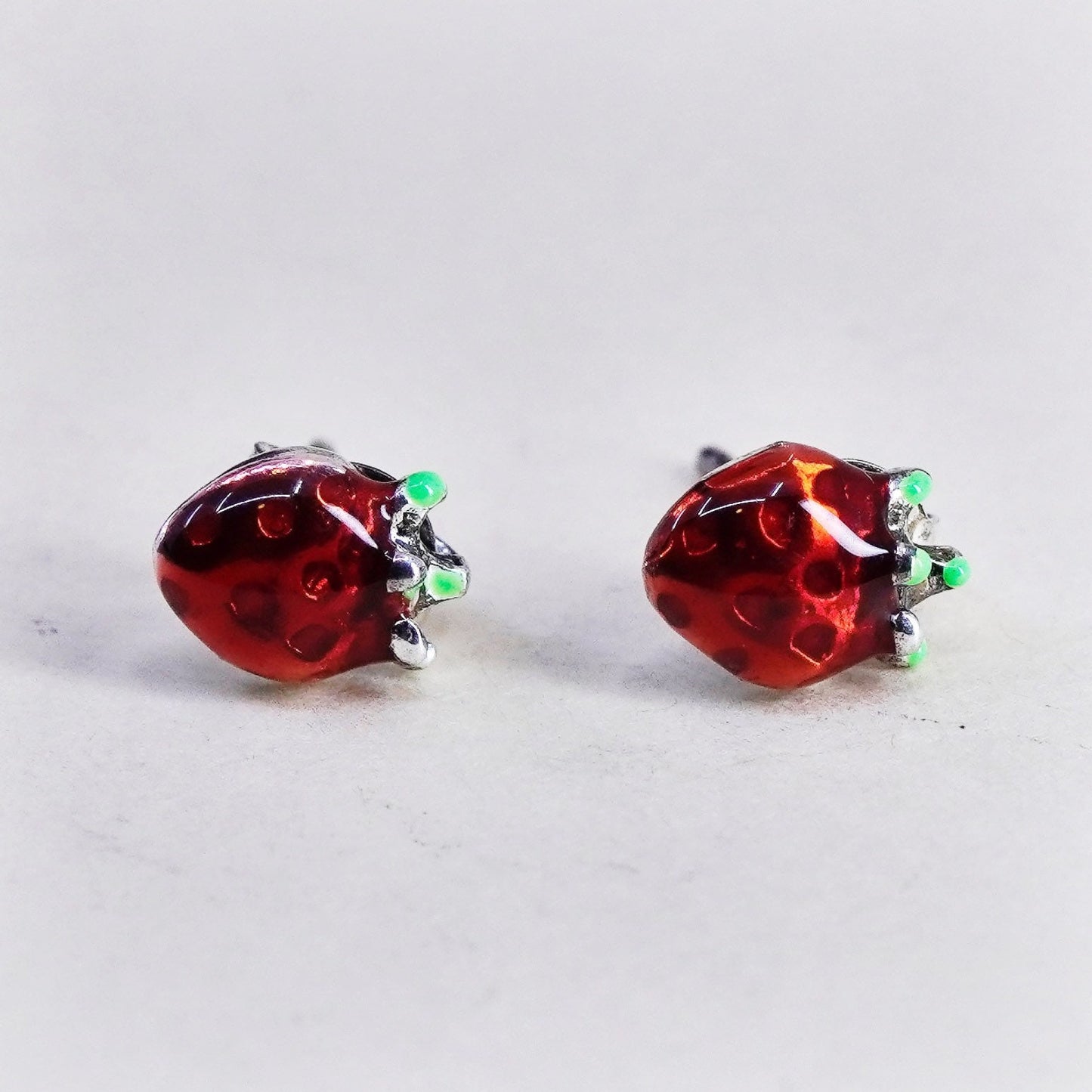 Vintage sterling silver strawberry earrings, 925 enamel studs